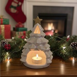 Vintage Iridescent Ceramic Christmas Tree Tealight Holder - Gold Star Accent